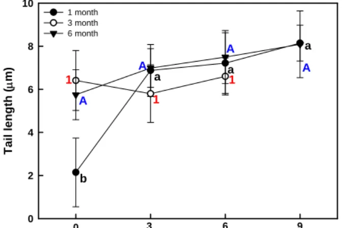 Fig.  4.  Tail  length  of  the  comet  from  irradiated  rice  flour  at  different  doses.