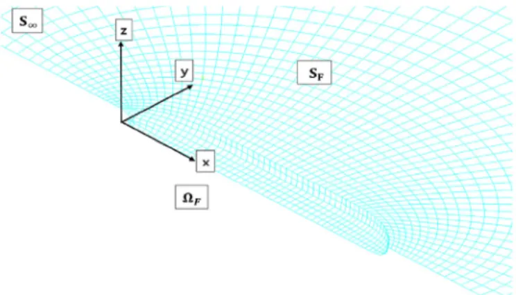 Fig. 3. Coordinate system for 3D Rankine panel method.