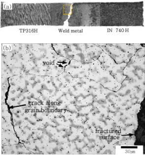 Fig. 5  Macro and Microstructures of dissimilar weld  fractured under 600 ℃/185 MPa : (a) macro  cross-section, (b) weld metal near fractured surface  [high magnification of box area in Fig