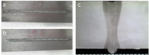 Fig. 6 Top(a) and bottom(b) surface beads and cross-  section(c) of laser welds. No dropping was  observed