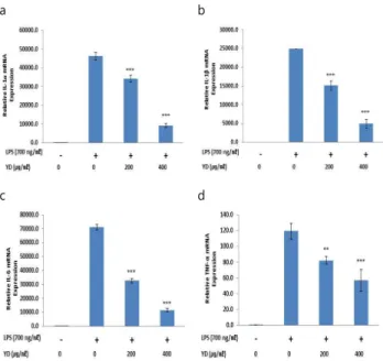 Fig.  3.  Effects  of  YD  on  LPS-stimulated  PGE 2   production  and  COX-2  protein  and  mRNA  expression  in  RAW  264.7  cells