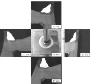 Fig. 14  Cross sections of weld parts after J-Groove over- over-lay welding 용접  후  용접부  표면에  대한  육안검사  결과,  용접결함 이  관찰되지  않았으며,  PT와  RT  비파괴  검사에서도  유의할만한  결함지시가  나타나지  않음을  확인하였다