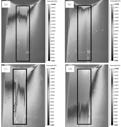 Fig.  3  Thermographic  exposure  in  the  welding  process:  (a)  sound  weld,  (b)  weld  containing  wormhole  defect, (c) lack of penetration defect v1 (with connection between workpieces), (d) lack of penetration  defect v2 (without connection between