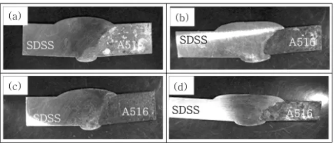 Fig. 13  Corrosion tested surfaces with the variation  of  time  (Test  solution  :  NaCl)  (a)  24h,  (b) 96h, (c) 168h, (d) 240h 0.008 0.007 0.006 0.005 0.004 0.003 0.002 0.001 0.000Weight loss(g) 0 50 100 150 200 25021.1224.00 26.88(kJ/cm) Experimental 