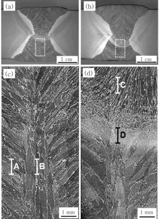 Fig.  12  Transverse  section  of  welds  (a)  50  kJ/cm,  (b)  70  kJ/cm,  (c)  and  (d)  enlarged  □ in   (a) and (b)   · · · · ·        (1)   Fig