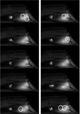 Fig.  9  High  speed  images  for  laser-plasma  arc  hybrid welding (welding speed: 2.2 m/min,  time interval: 0.2 ms)