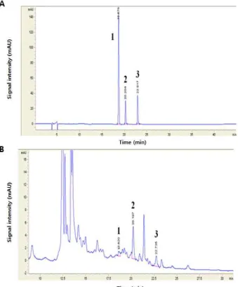 Fig.  1.  HPLC  chromatogram  in  standard  compounds  (A)  and  MFE  detected  at  254  nm.
