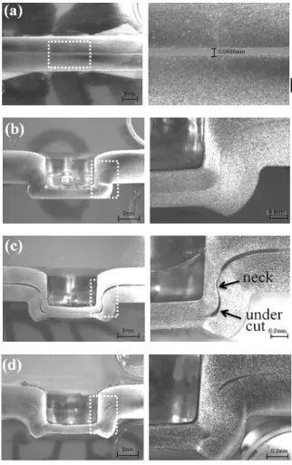 Fig.  4  Macrographs  of  fracture  cross‐sections  before  tensile  shear  test  for  (a)  adhesive  bonding,  (b)  clinching  joining,  (c)  hybrid  joining  (A+B+C),  (d)  hybrid  joining  (A+C+B)