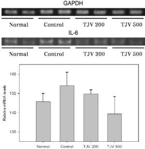 Fig. 4. Effect of TJV on TNF-α  mRNA Expression in Liver. TNF-α  mRNA levels were determined by RT-PCR