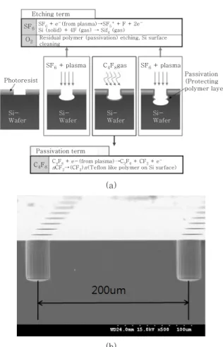 Fig.  3  Schematics  of  DRIE  process  (a)  and  cross  section of vias (b) 가능하며,  친환경적이면서  리소그라피  공정이  필요  없 어 공정이 간편하다는 장점이 있다 2) 