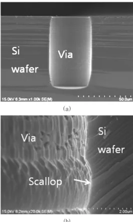 Fig. 4  SEM results of (a) Cu Filling into the via  hole,  and  (b)  interface  between  functional  layer and Cu plugs 5)