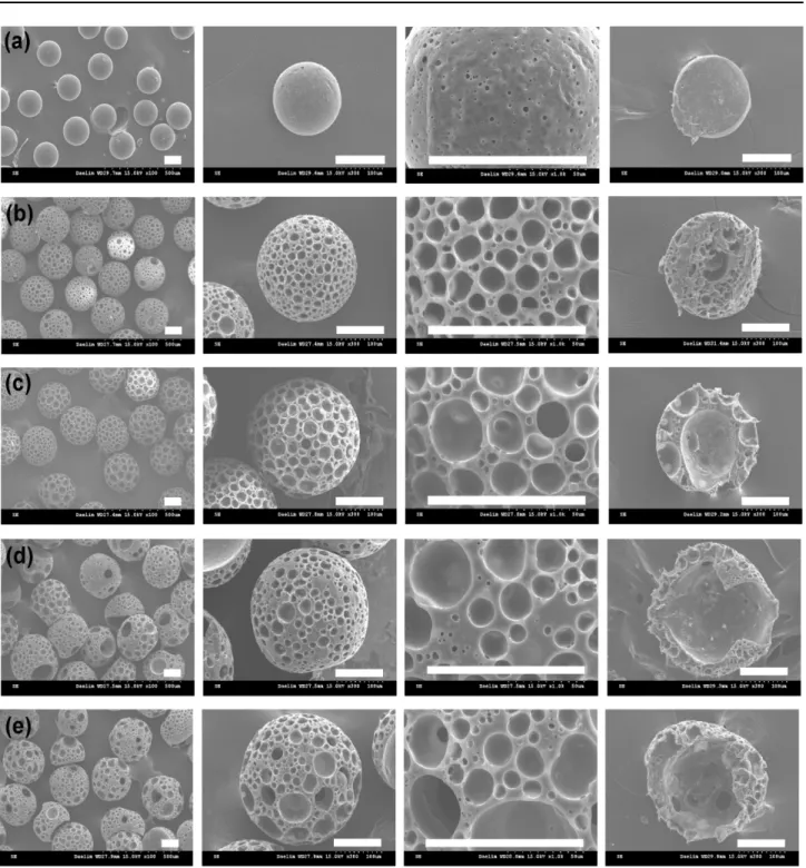 Fig. 5. SEM images of surface and cross-section of porous PLA microspheres as a function of tridecane concentration of (a) 0 wt%, (b) 2 wt%, (c) 4 wt%, (d) 6 wt%, and (e) 8 wt%, respectively