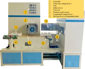 Figure  8  shows  a  picture  of  the  complete  automatic  chicken  cutting  machine  whose  dimensions  are:  2,200  mm  wide,  1,260  mm  long,  and  1,509  mm  high