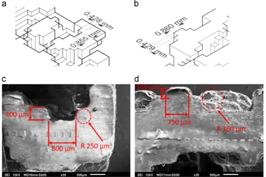 Fig. 7. Details of ﬁnished surface of material jetting technology made cubic scaffold at 5x scale: (a) Trabecula at the corner of the scaffold in the STL model, (b) Trabecula details at the middle of a vertex in the STL model, (c) Trabecula at the corner o