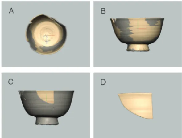 Figure  9.  White   Porce lain  Te xture   mapping  (A,  B)  Unwrap  UVW  proce ss,  (C)  Planar  figure   be fore   coloring,  (D)  Planar figure  after  coloring,  (E,  F)  Texture  mapping  complete.