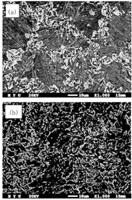 Fig. 5 SEM image of distribution of M‐A constituents  in  the  simulated  ICCGHAZ  with  (a)  850℃ 