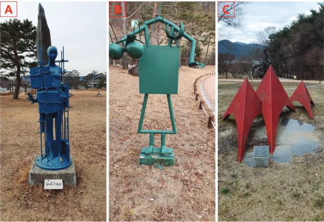 Figure  1. Analyzed sculpture works (A: Work exhibited in the Yongdam Dam Environmental Sculpture Park – “Self-portrait of  Modern  People(Under  construction)”,  B:  Work  exhibited  in  the  Yongdam  Dam  Environmental  Sculpture  Park  – “The  woman  wh