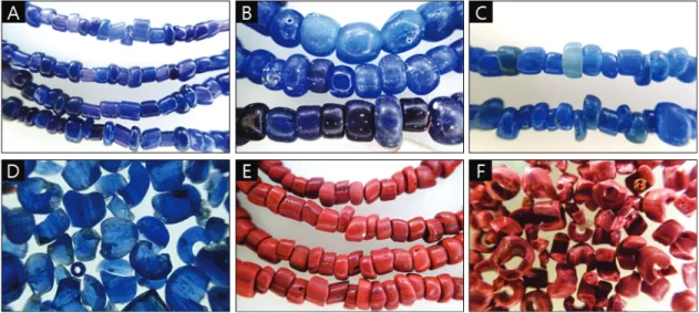 Figure  8. The microscope images of  glass beads excavated at Hapgang-ri site;  (A), (B), (C): the shape of  blue glass beads, (D):  the  samples  of  blue  glass  beads,  (E):  the  shape  of  red  glass  beads,  (D):  the  samples  of  red  glass  beads