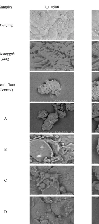 Fig.  4.  Micrographs  of  the  Doenjang,  Cheonggkjang  and  flours. 
