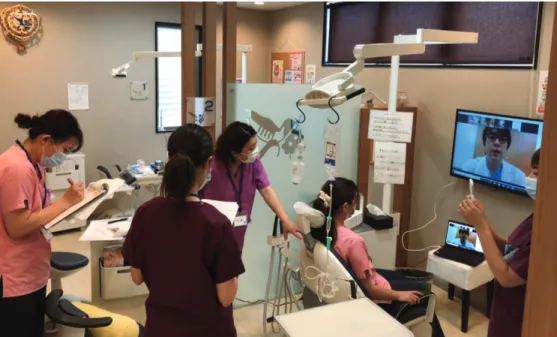 Fig. 1.  Telesimulation training of medical emergencies for a team of dental providers (learners) located in a private dental clinic while the educator is at a remote location