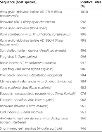 Table 2 Results of custom BLAST using partial major capsid protein (MCP) DNA sequence (500 bp) of the ranavirus from Rana dybowskii in this study