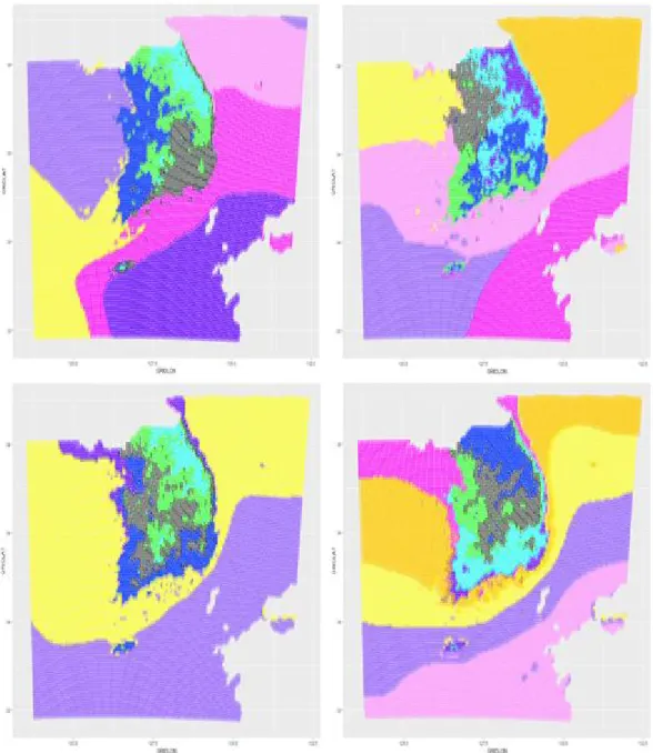 Figure 3.1 Clustering result for temperatures of gridded data of the numerical model (left upper; April, right upper; August, left lower; October , right lower; December)