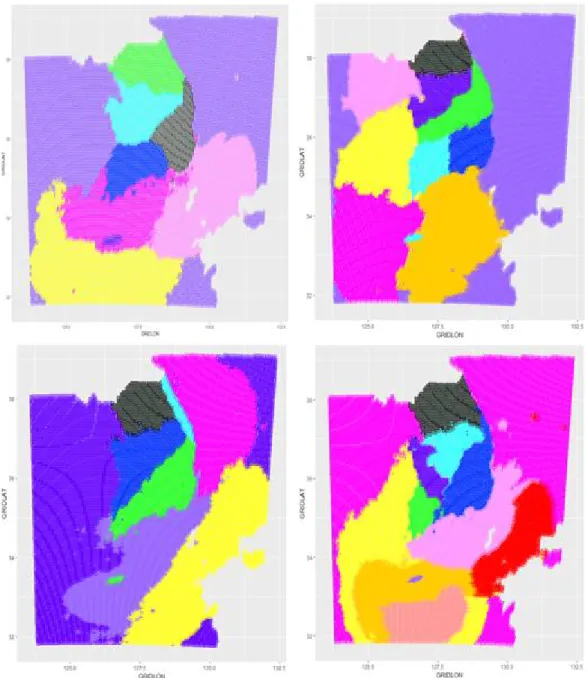 Figure 3.2 Clustering result for temperatures of gridded data of the numerical model (left upper; April, right upper; August, left lower; October , right lower; December)