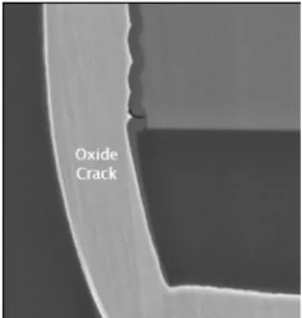 Fig. 2  Cracking of oxide layer on a TSV wall 7) (a) ‘Donut’-type Si etch (b) Polymer filling (c) Etch center  ‘donut’ (d) Cu via filling