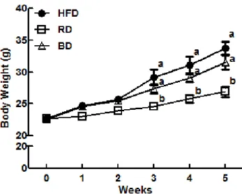 Fig.  1.  Effect  of  rice-based  diet  on  the  increase  of  body  weight  in  mice  fed  experimental  diet  for  5  weeks.