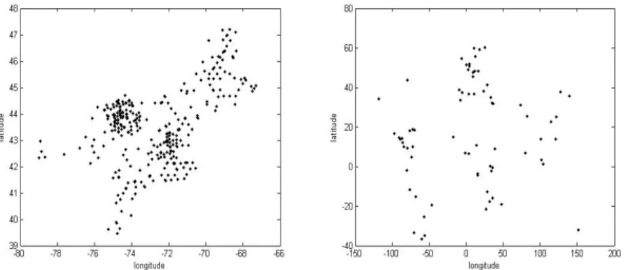 Figure 4.1 Locations of 338 lakes sampled in the northeastern states of the USA (Left) and locations of 72 countries (Right)