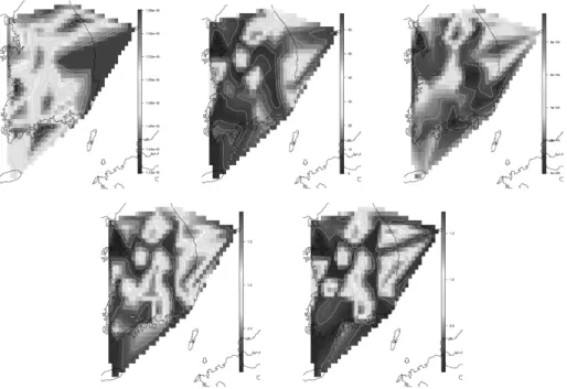 Figure 4.2 Posterior standard deviation of λ, µ, β, η, ξ parameters of NSRPM fitted based on observed h-hourly precipitation data.