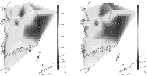 Figure 4.3 Posterior mean(left) and variance(right) of h-hourly rainfall data based on the NSRP model