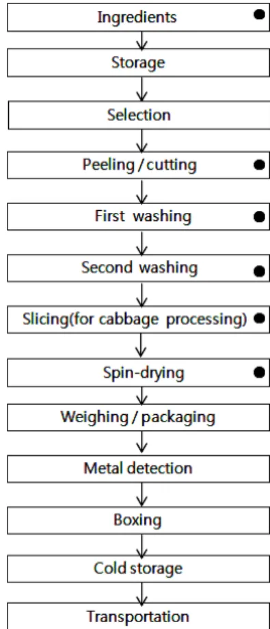 Fig.  1.  Flow  chart  of  preparation  of  fresh-cut  lettuce.( ● :  indicates  sampling  point).