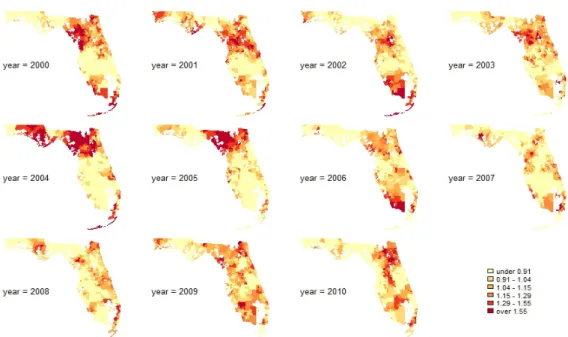 Figure 3.1 Map with estimated θ i as posterior means from the Poisson ICAR model for 2000-2010 in Florida