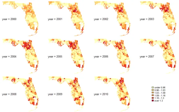 Figure 3.2 Relative risk θ i obtained from posterior mean of the spatio-temporal CAR with AR(1) model during 2000-2010 in Florida