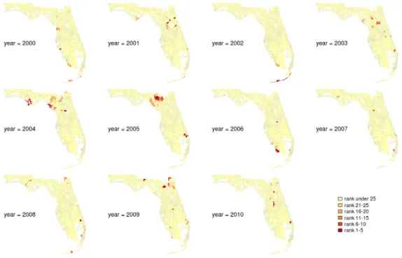 Figure 3.3 Map of the ICAR model by coloring highest 25 ranks of θ i obtained from estimates minimizing WRSEL for 2000-2010 in Florida