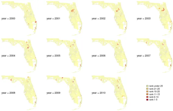 Figure 3.4 Map of the spatio-temporal CAR with AR(1) model by coloring highest 25 ranks of θ i