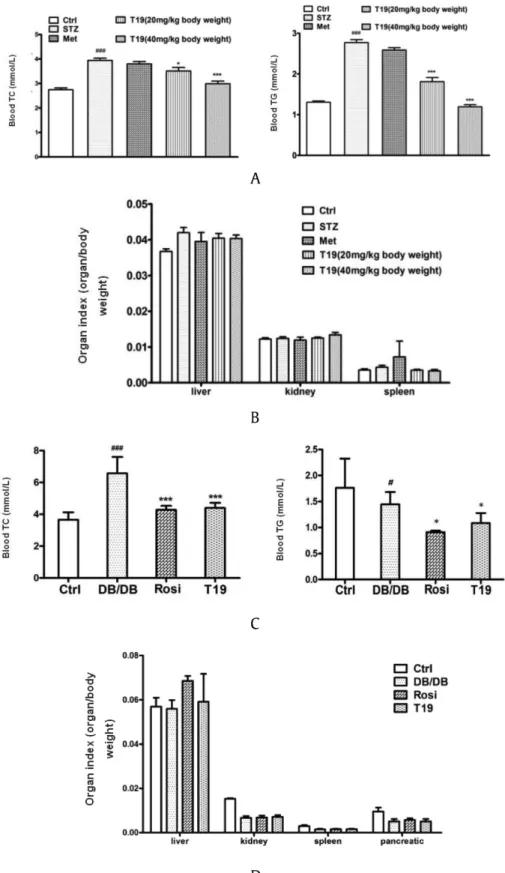 Fig. 5. Effects of 25-OH-PPT (T19) on serum TG and TC levels (A) and organ index (B) in STZ-induced diabetic mice (n ¼ 10/group) and DB/DB mice (n ¼ 6/group) (C, D) (Values are expressed as mean  SEM of three independent experiments