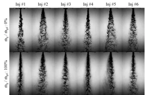 Fig. 5 Instantaneous spray images under single-injection and bi-injection