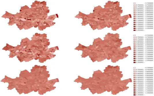Figure 3.1 Disease and accident mapping for SMR estimates fitting MRF models (left: without covariate, right: with covaraite; top: disease, middle: accident, bottom: cancer)