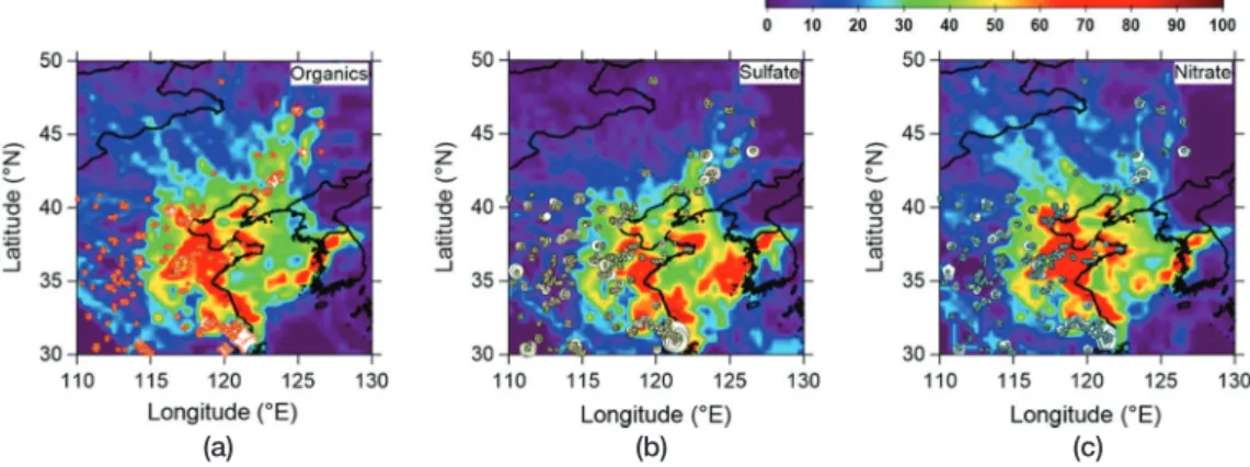 Fig. 10.   Potential Source Contribution Function (PSCF) map indicating the conditional probability that an air parcel  passing over a region arrived at Baengnyeong Island with a high concentration ( > 75 percentile) of (a) OA (b)  sulfate (c) nitrate m