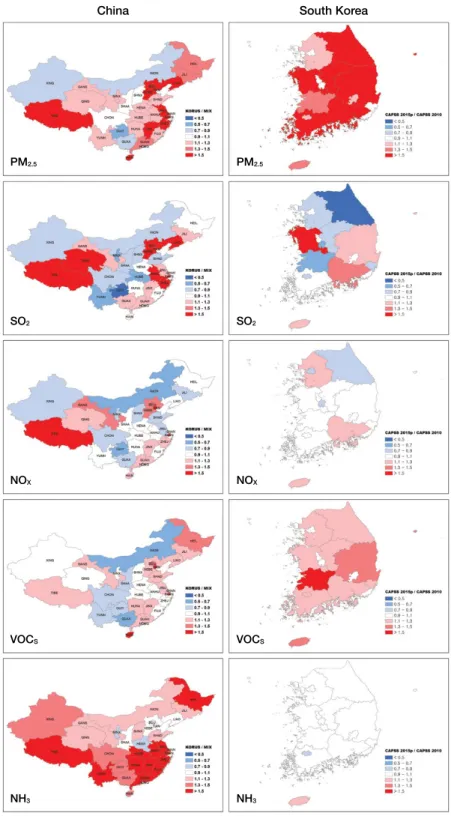 Fig. 4.   The rates of change of PM 2.5 , SO 2 , NO X , VOCs and NH 3  from E2010 to E2015 (E2015/E2010) for each 1st-level  administrations in China and South Korea (Sejong city is excluded in this analysis because of newly established  in 2012)