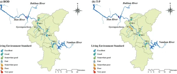 Fig.  2.  Spatial  distribution  of  BOD  and  T-P  at  main  channels  and  major  tributaries  in  the  lower  reaches  of  the  Namhan  River  according  to  living  environment  standard  of  the  river.