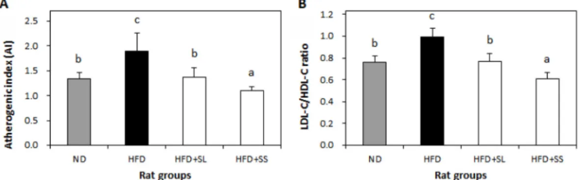 Fig. 1.  Effect of Sparassis latifolia on atherogenic index (A) and plasma low density lipoprotein cholesterol (LDL-C)/high density lipoprotein cholesterol (HDL-C) ratio (B) in rats