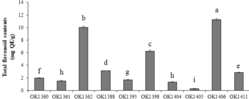 Fig. 4.  Total flavonoid contents of 70% ethanol extracts (1 mg/ml concentrations) of 10 wild mushrooms (OK1360, Perenniporia fraxinea;  OK1361,  Pluteus  aff.;  OK1362,  Ganoderma lingzhi; OK1388, Agaricus xanthodermus;  OK1395,  Russula sp.;  OK1398, Ama