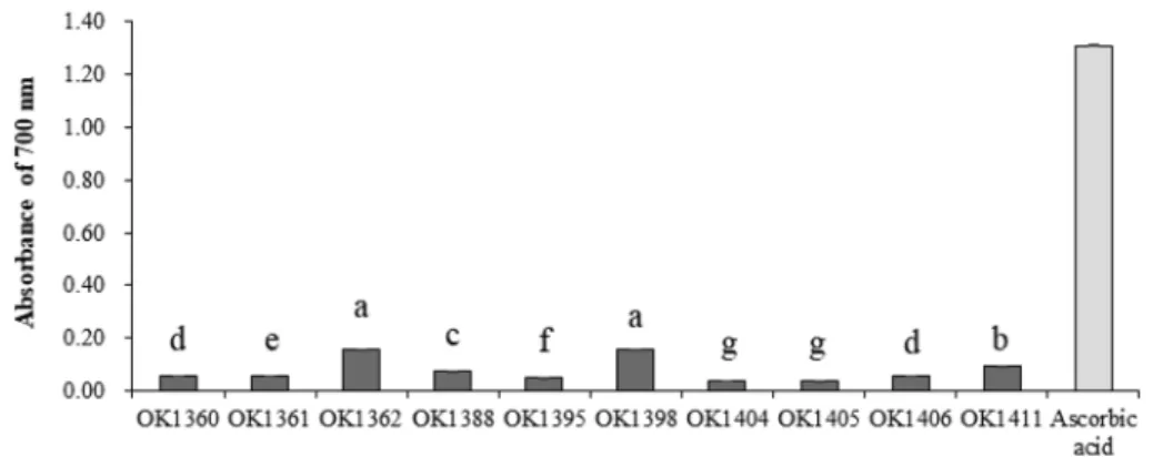 Fig. 6.   Reducing  power  of  70%  ethanol  extracts  (1  mg/ml  concentrations)  of  10  wild  mushrooms  (OK1360,  Perenniporia fraxinea;  OK1361,  Pluteus aff;  OK1362,  Ganoderma lingzhi; OK1388, Agaricus xanthodermus;  OK1395,  Russula sp.;  OK1398, 