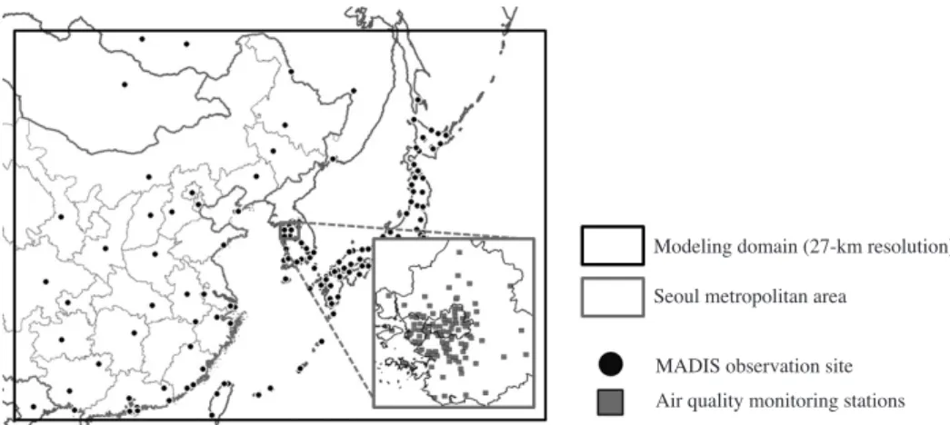 Fig. 1.   CMAQ modeling domain with a 27-km horizontal resolution used in the study. The inset map shows the Seoul  Metropolitan Area (SMA)