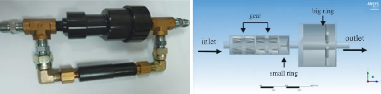Fig. 1. Pictures of test FAD (left) and schematic structure in 3-D geometry (right).