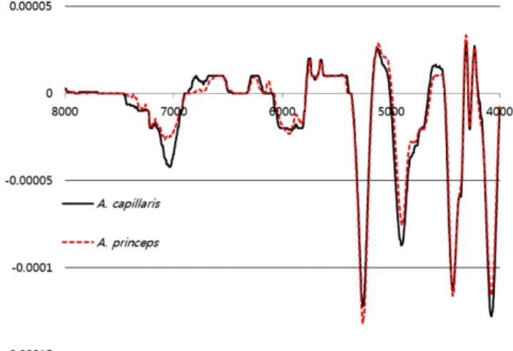 Figure 2. Average SNV with first derivative spectra of A. princeps and A. capillaris