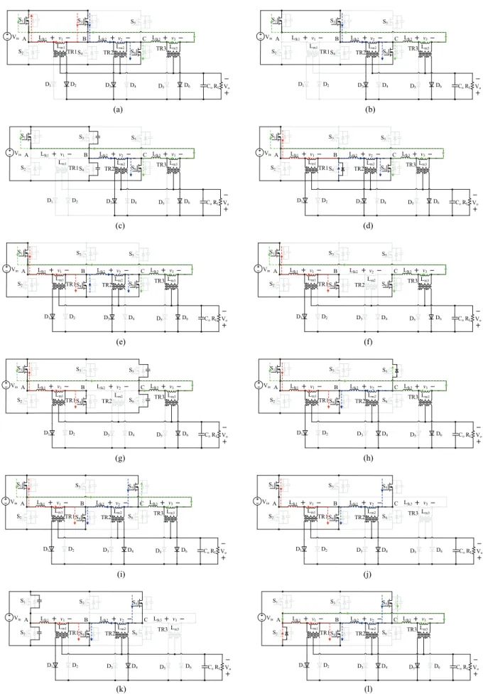 Fig. 2. Stages of the proposed converter in the light mode. (a) Stage 1. (b) Stage 2. (c) Stage 3